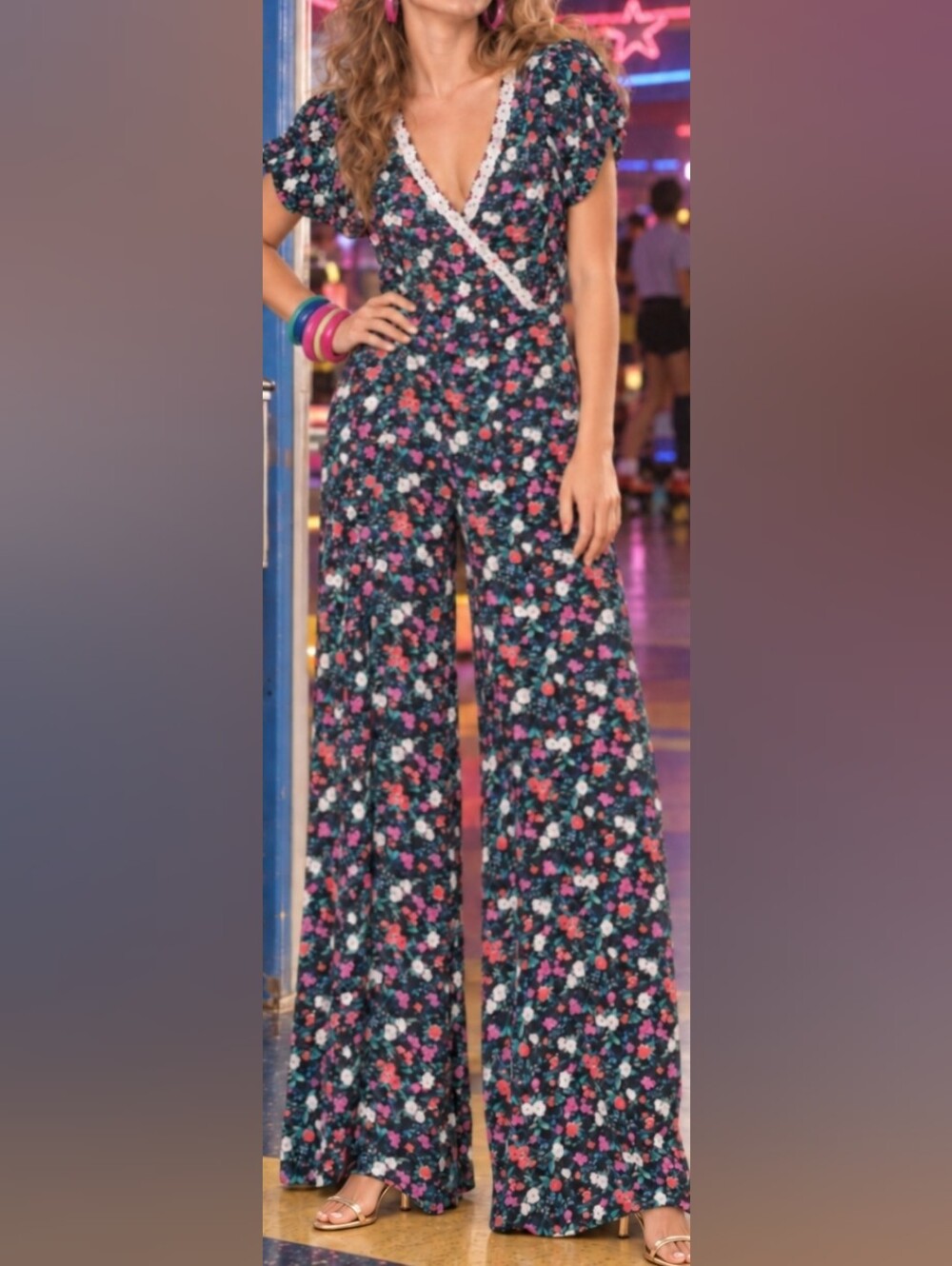 Vintage 1980s Floral Jumpsuit with Wide Legs - Pink & Navy